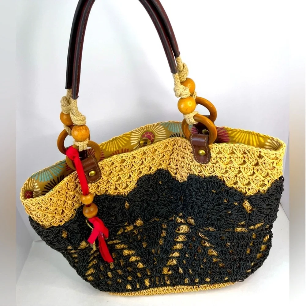 Vintage Fossil Crochet Straw Handbag with Wood Handles accents